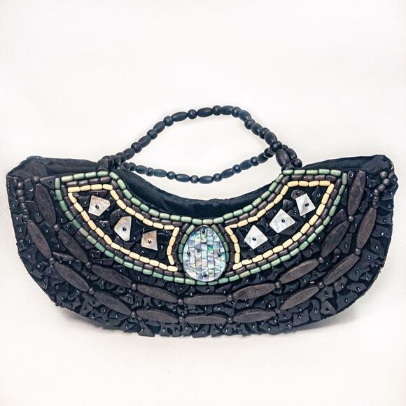 VTG Beaded Burlap Galleon Handbag - Picture 1 of 12